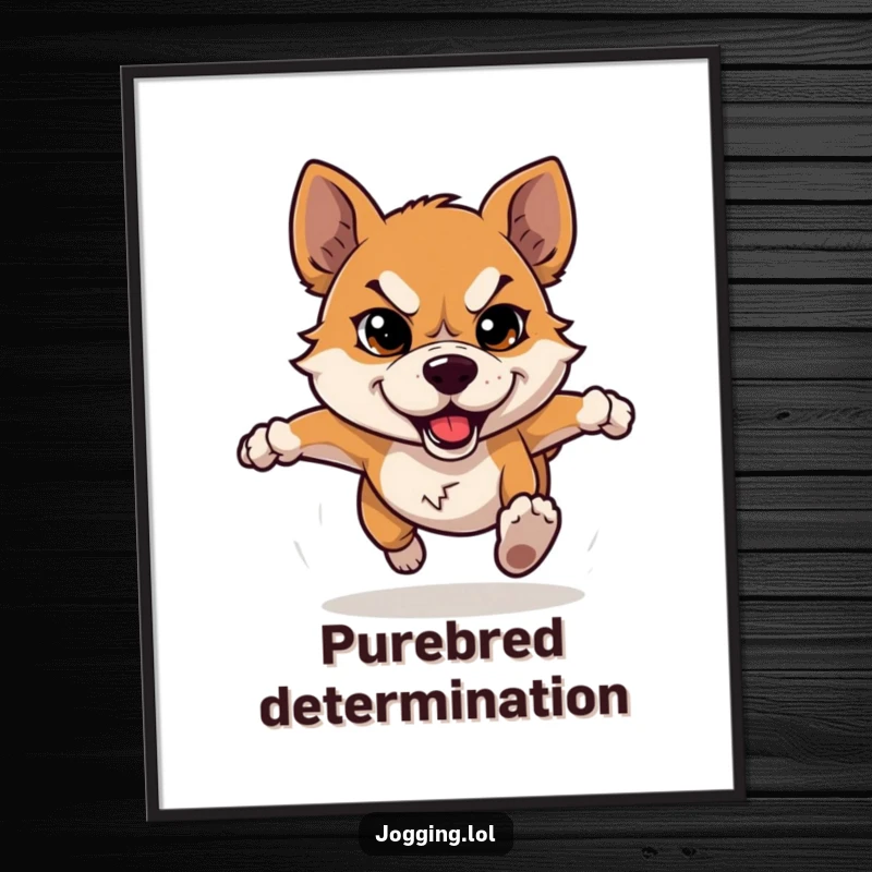 Funny dog digital art print of a determined dog character running with an intense, humorous expression, perfect for motivational decor.