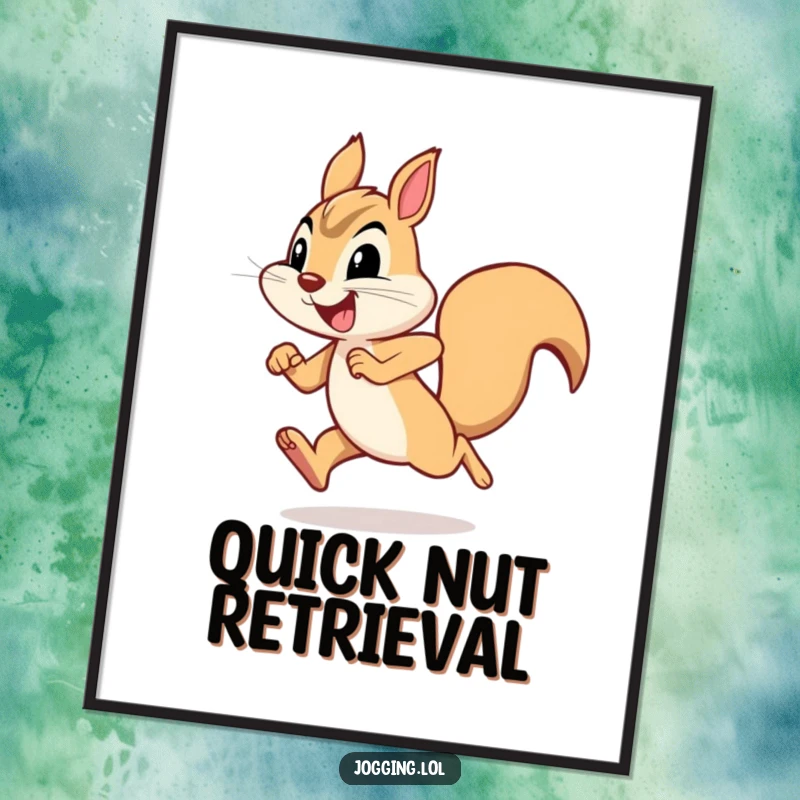 Funny squirrel digital art print of a joyful squirrel character sprinting with humorous determination, perfect for lively decor.