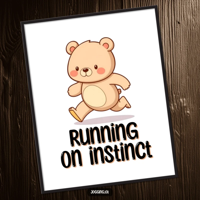 Funny digital art print of a diligent bear running with a steady, happy gait, ready to add motivational and humorous energy to any digital display.