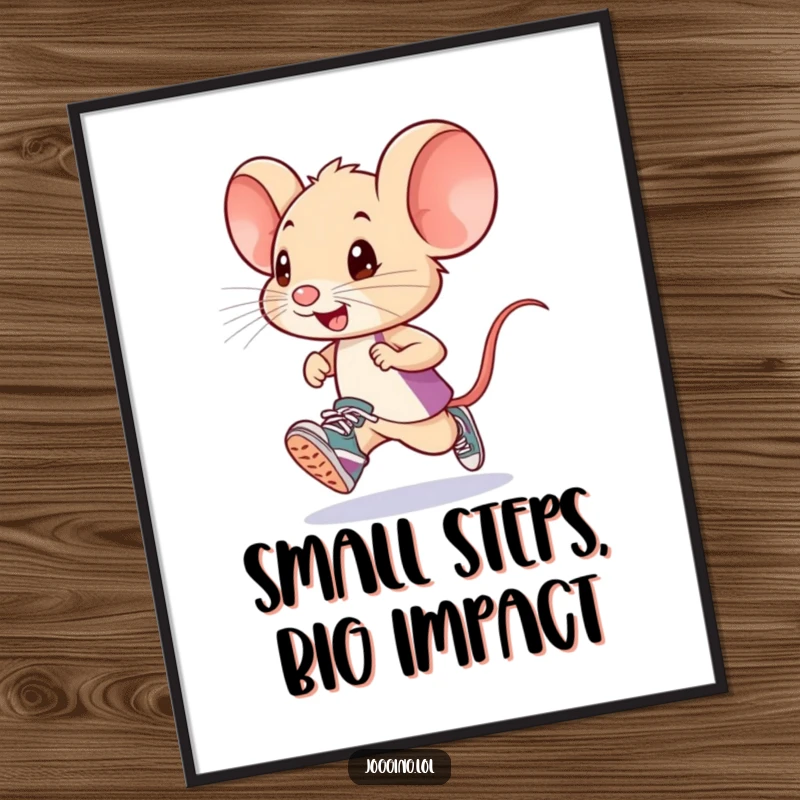 Funny mouse runner digital art print, featuring a small mouse in tiny sneakers, perfect for humorous and charming wall decoration.
