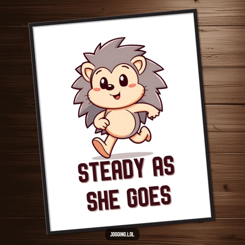 Funny hedgehog digital art print of a happy character running with a focused expression, symbolizing dedication and drive, a downloadable funny gift.