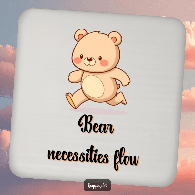 Funny drink coasters featuring a diligent bear running with a steady, happy gait, providing surface protection with a humorous and motivational design.