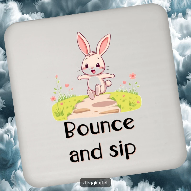 Funny Drink Coaster with a happy cartoon rabbit character doing energetic leaps, bringing joy to your table.