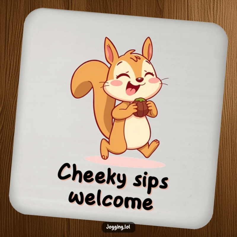 Funny drink coaster featuring a joyful squirrel character jogging with nuts, protecting surfaces with nutty humor, perfect for a funny gift.