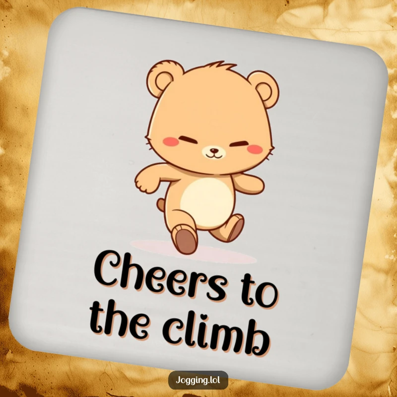 Funny drink coaster featuring a determined bear cub character jogging with a grin, protecting tables with motivational humor.