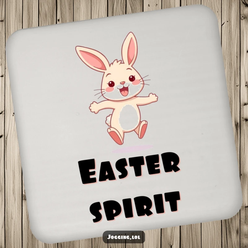 Funny bunny coasters showing a happy rabbit sprinting with ears flapping, protecting tables with playful, humorous charm.