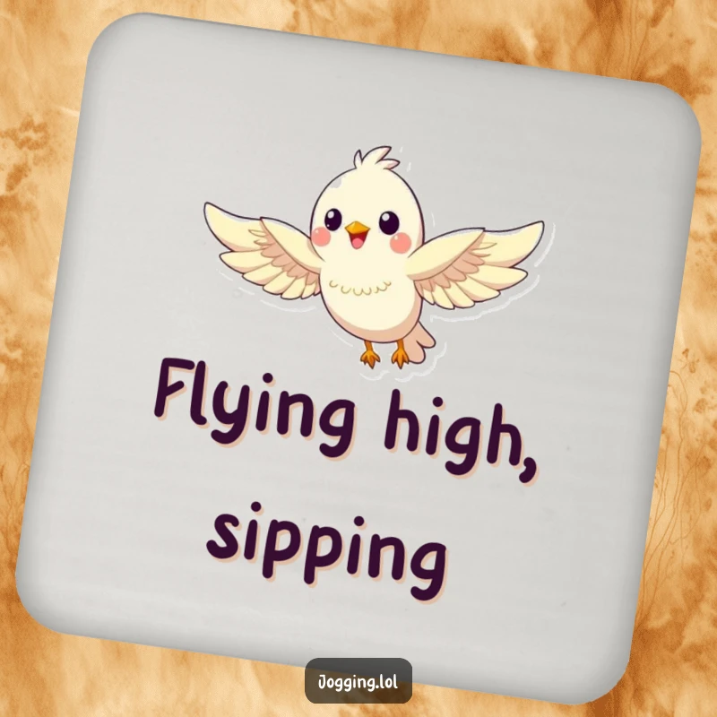 Funny bird coasters displaying a happy bird character soaring with outstretched wings, protecting surfaces with graceful energy.