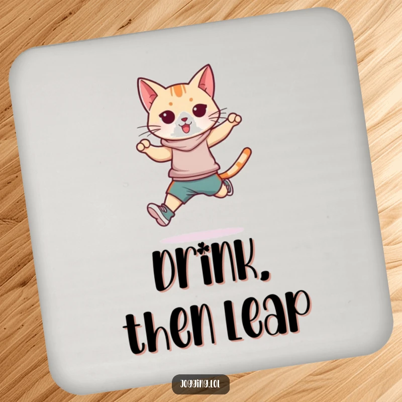 Funny athletic cat coaster, sleek feline sportswear, jumping stride, dynamic design, tabletop protection, ideal funny gift