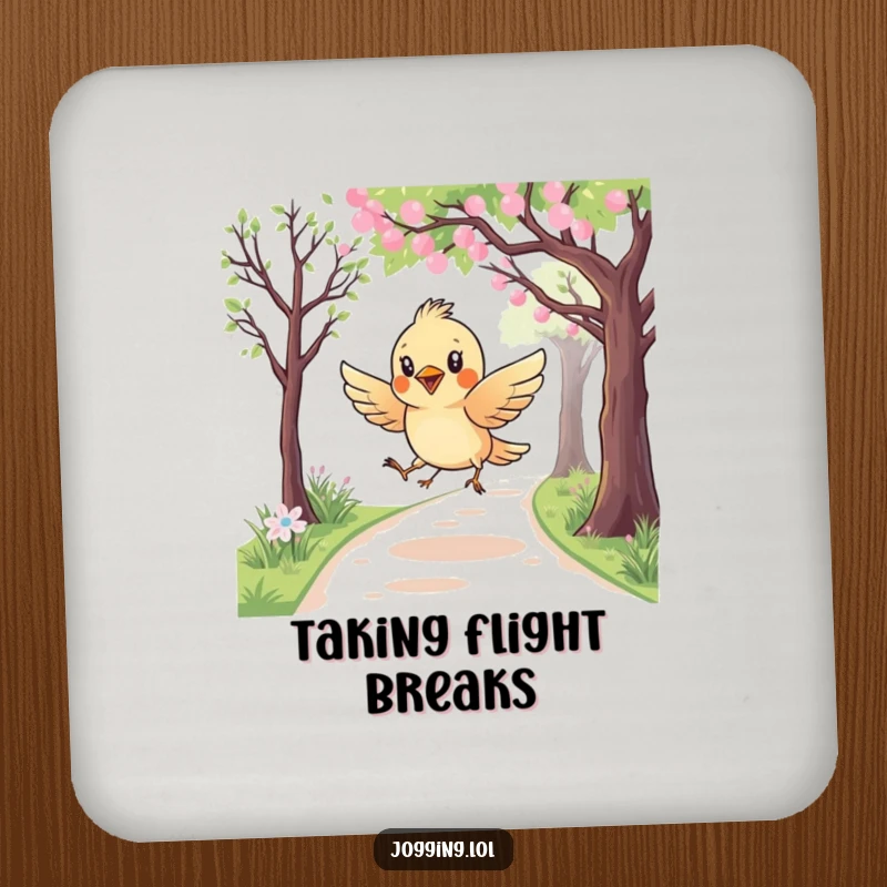 Funny drink coaster depicting a curious bird character playfully swooping over a jogging path, protecting surfaces with a humorous and whimsical design.