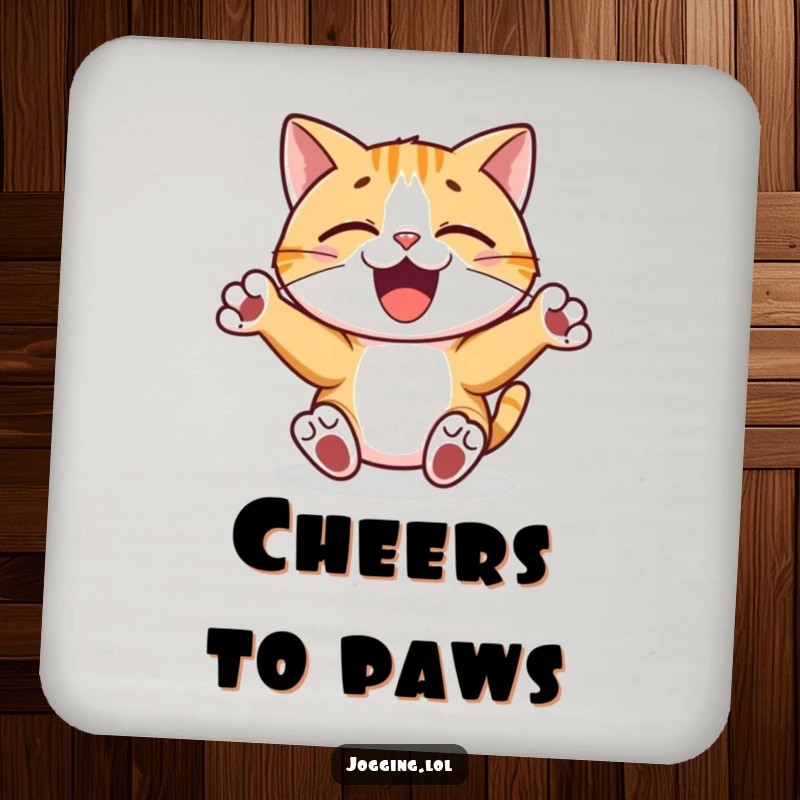 Funny drink coaster featuring a joyful cat character with paws pumping rhythmically, protecting surfaces with musical charm.