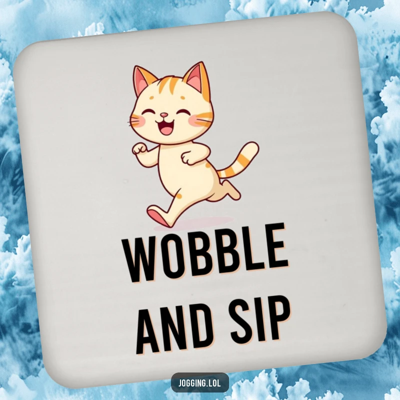 Funny drink coaster featuring a happy cat character jogging with a wobble, protecting surfaces with playful feline humor, perfect for a funny gift.