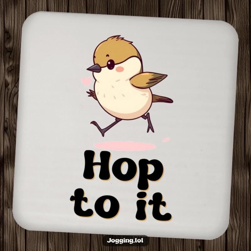 Funny chickadee coasters showing a determined bird hopping with puffed lungs, protecting tables with humorous effort.