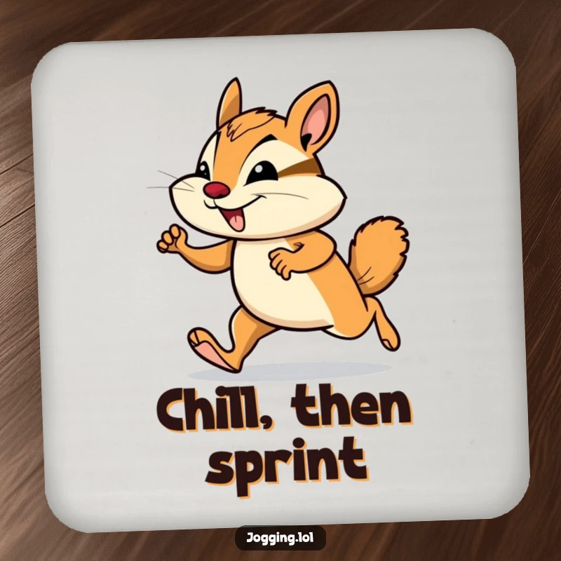 Funny chipmunk coaster showing a smiling rodent in a determined jogging pose, ideal for protecting surfaces humorously.