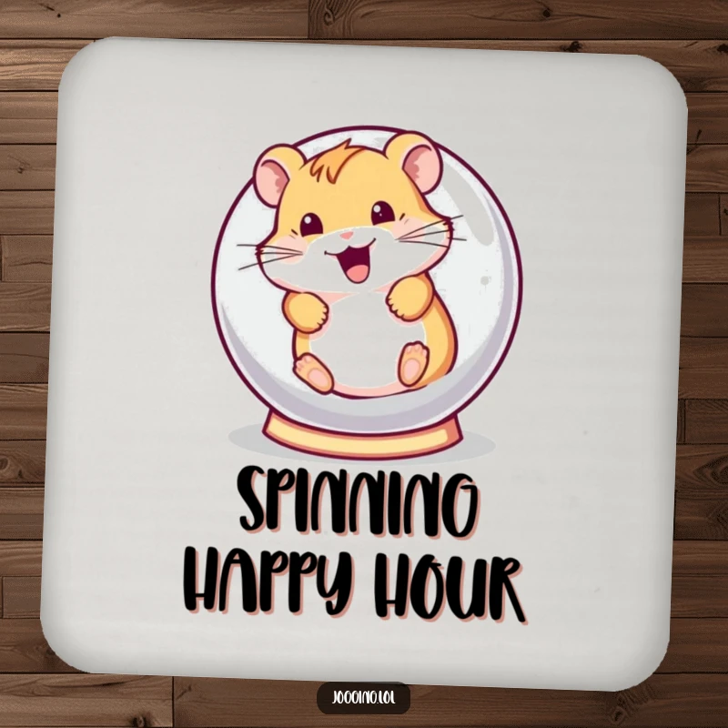 Funny drink coaster showing a playful hamster character rolling in a hamster ball, protecting surfaces with a cute and humorous design.