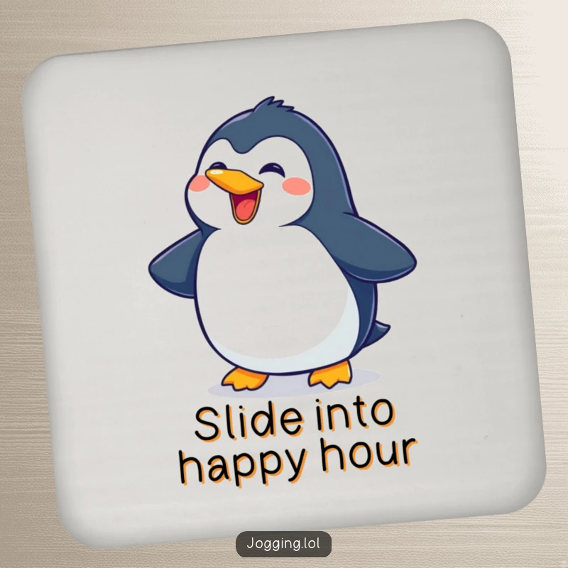 Funny penguin coaster set with a delighted character sliding joyfully, protecting furniture with adorable and humorous flair.