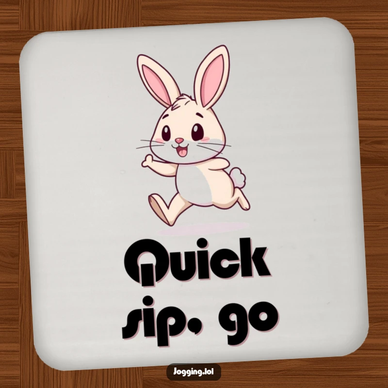 Funny drink coaster showcasing a cheerful rabbit with determined legs, jogging with enthusiasm, protecting your furniture.