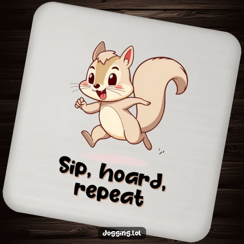 Funny drink coaster featuring a playful squirrel character bounding with exertion, protecting tables with a burst of humorous energy.