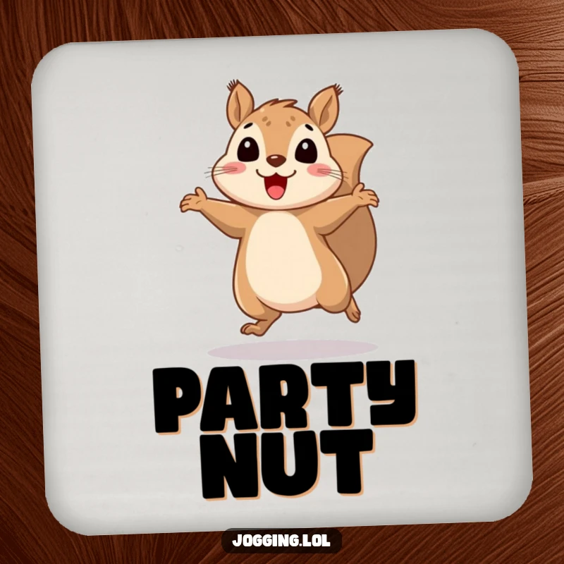 Funny squirrel coasters showing a cheerful squirrel bouncing rhythmically with blurred legs, protecting tables with playful, humorous energy.