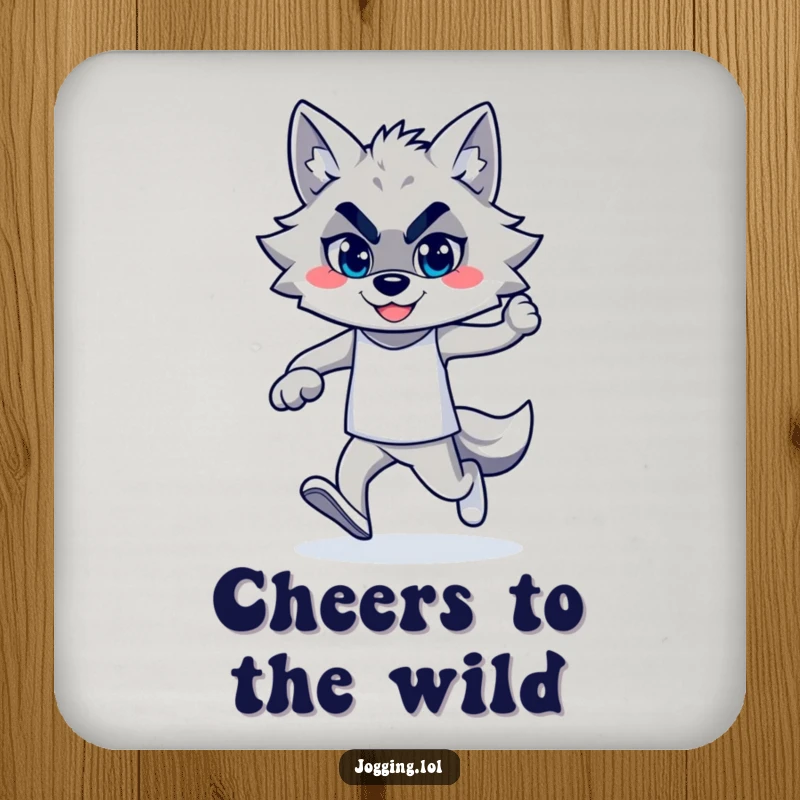 Funny wolf jogger design with a confident smile on drink coasters, offering humorous protection for surfaces during drinks.