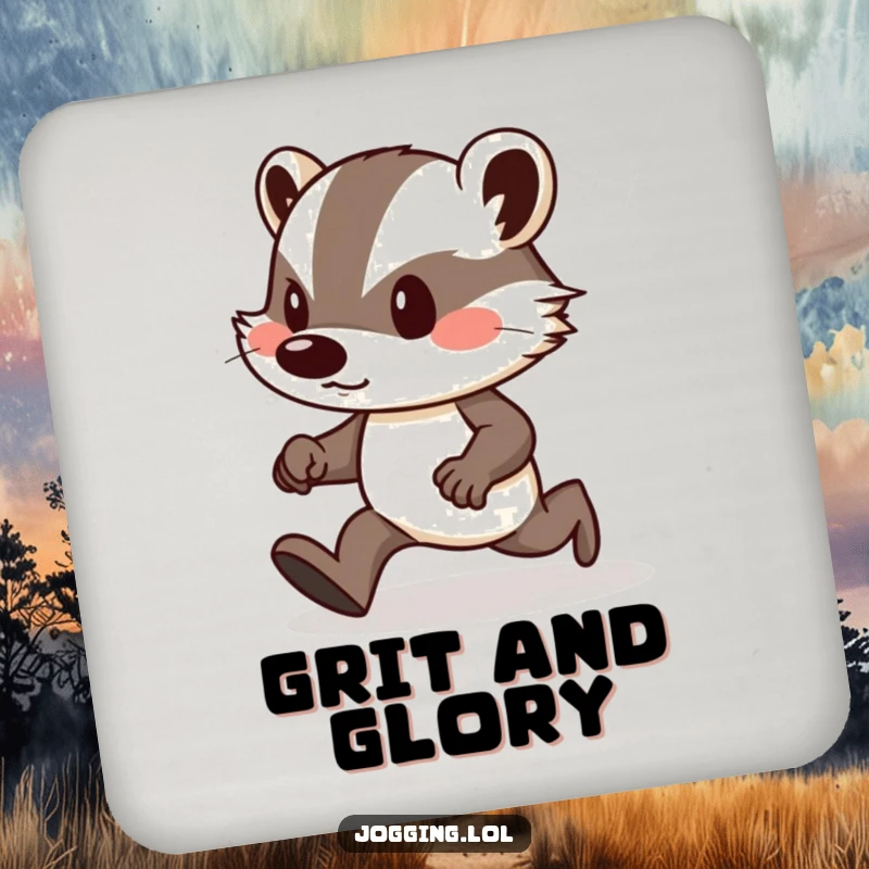 Funny drink coaster showing a determined badger with puffed cheeks, jogging uphill, safeguarding your surfaces.