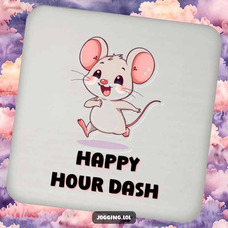 Funny drink coaster depicting a joyful mouse character happily speeding along with tiny legs, protecting surfaces with a humorous and energetic design.