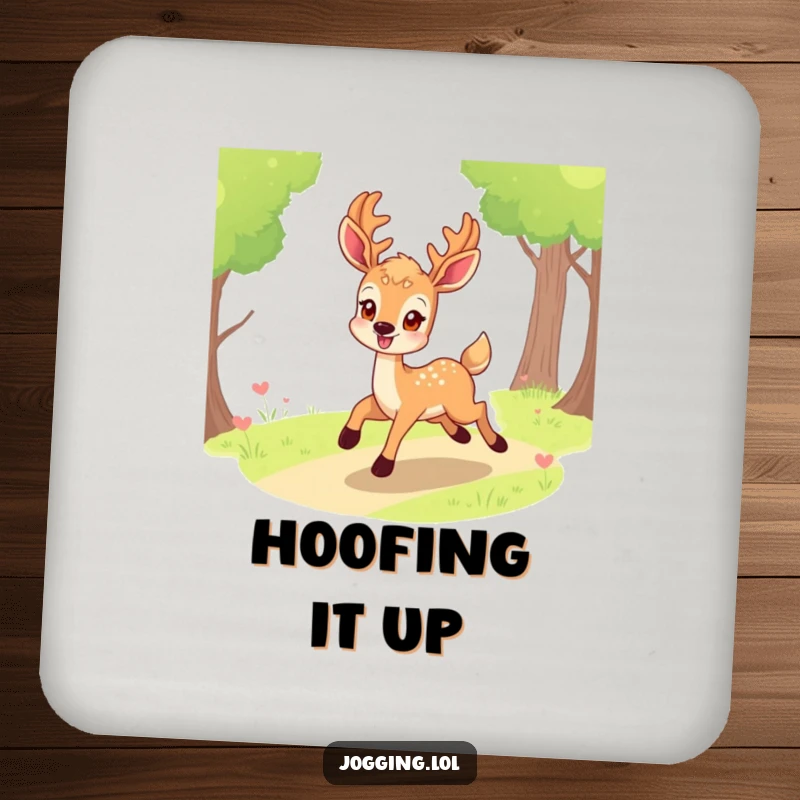 Funny deer drink coaster with a smiling character eagerly bounding along a path, offering humorous charm and surface protection.