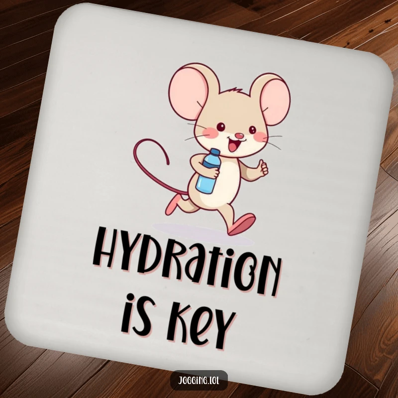 Funny coaster featuring a cheerful mouse character jogging with a tiny water bottle, guarding drinks with a smile.