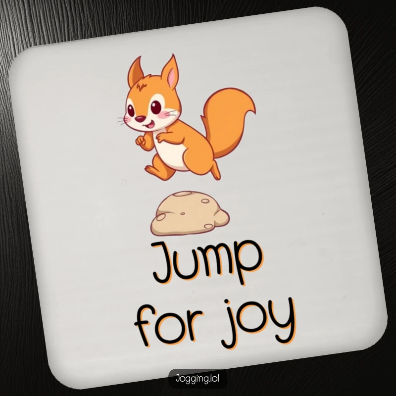 Funny drink coaster showing a playful squirrel in motion, leaping over an obstacle, protecting your surfaces.