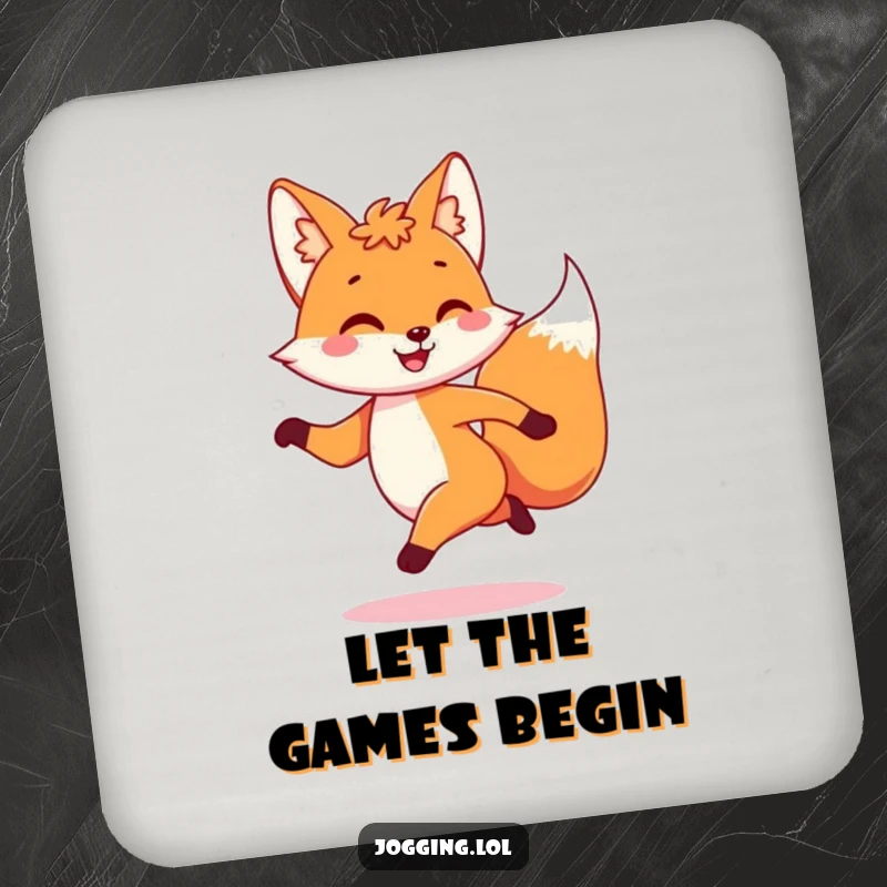 Funny coaster featuring a playful fox character dashing with a joyful bounce, offering protection with spirited energy.