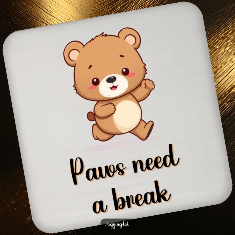Funny drink coaster featuring a curious bear cub character jogging tentatively, eyes on its paws, for a humorous touch.