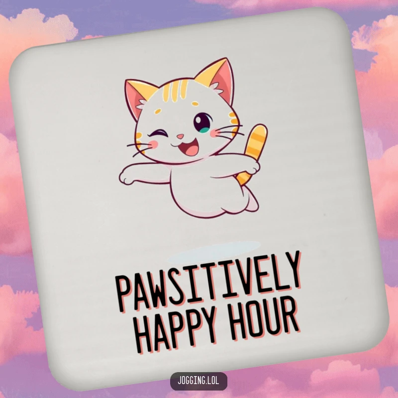 Funny cat coaster set with a cheerful character running in a graceful, flowing motion, protecting furniture with adorable and humorous flair.