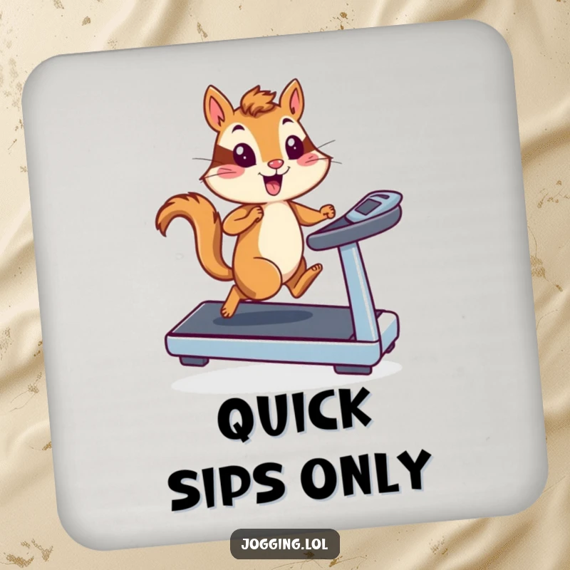 Funny chipmunk runner on a treadmill design on drink coasters, showcasing speed and energy for humorous, functional table protection.