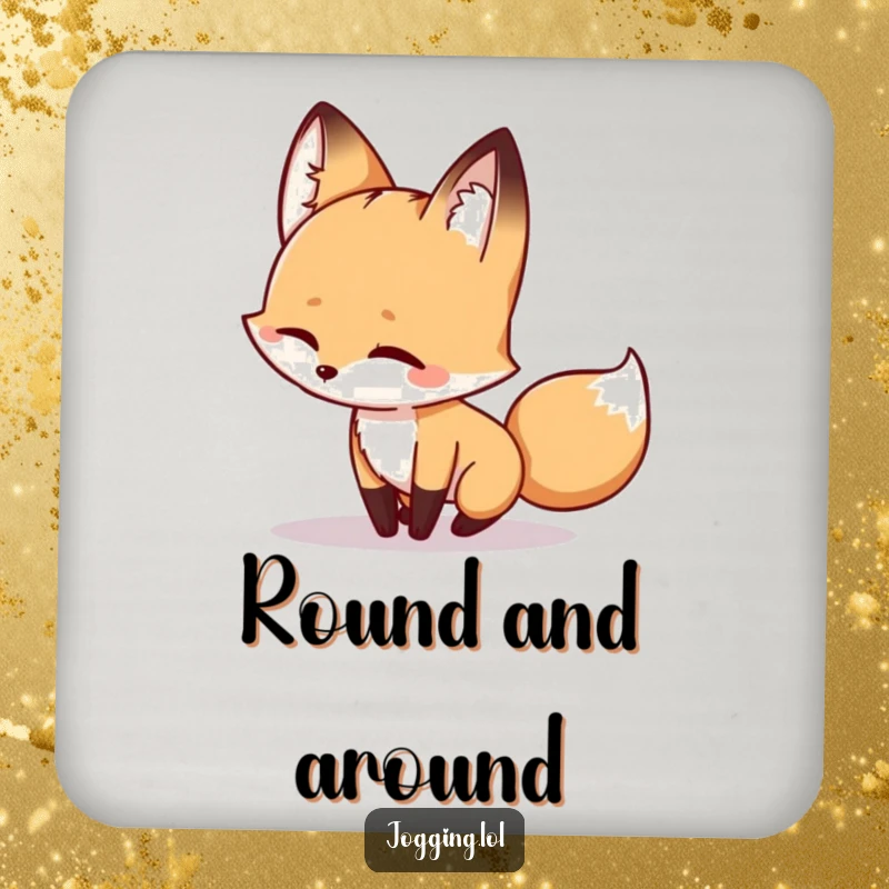 Funny fox drink coaster with a winking character playfully chasing its shadow, offering humorous charm and surface protection.