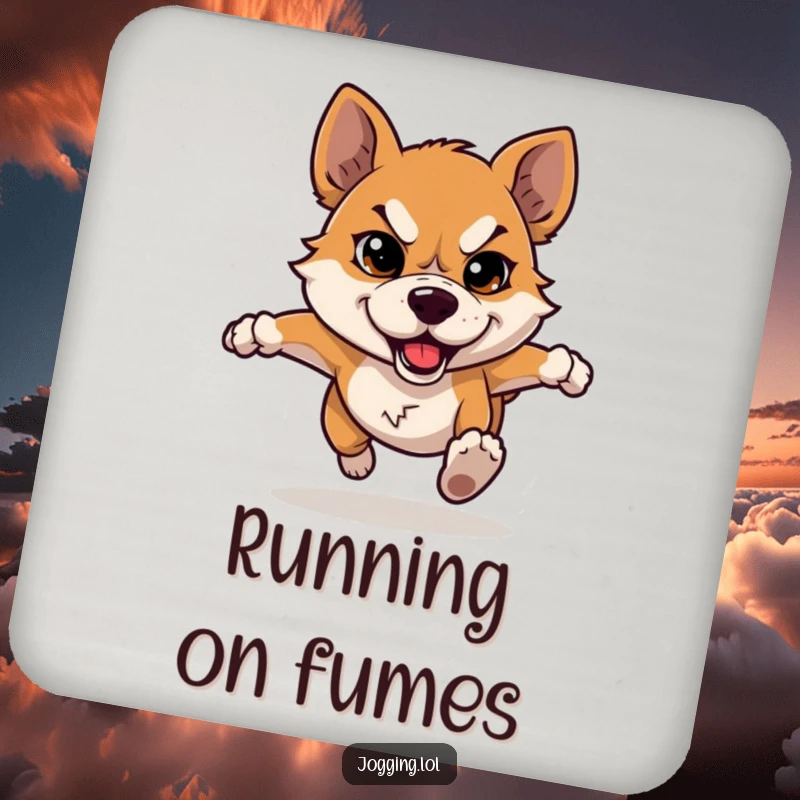 Funny dog coasters displaying a determined dog character in a humorous running pose, protecting surfaces with canine energy.
