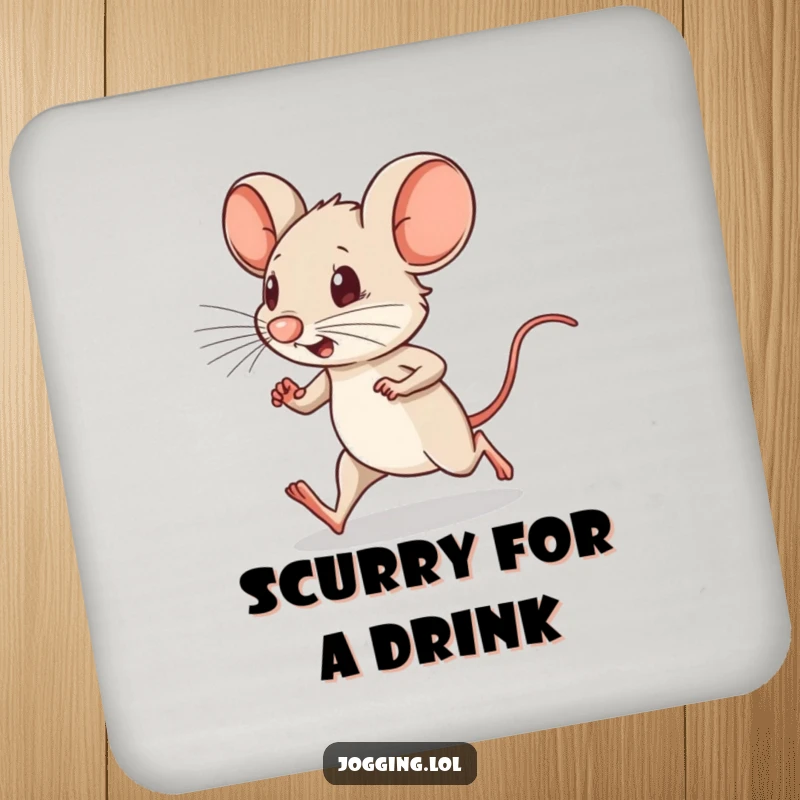 Funny drink coaster featuring a determined little mouse character running with tiny legs pumping, adding humor to tabletops.