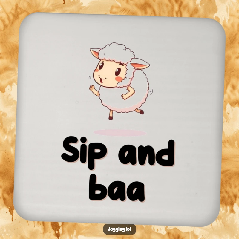 Funny sheep drink coaster with a fluffy sheep comically jogging with a happy expression. Humorous surface protection.