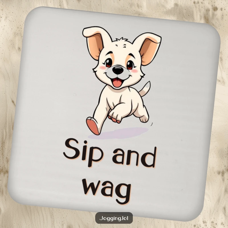 Funny drink coaster featuring a determined puppy character jogging with floppy ears, protecting surfaces with humorous dog-lover charm, perfect for a funny gift.