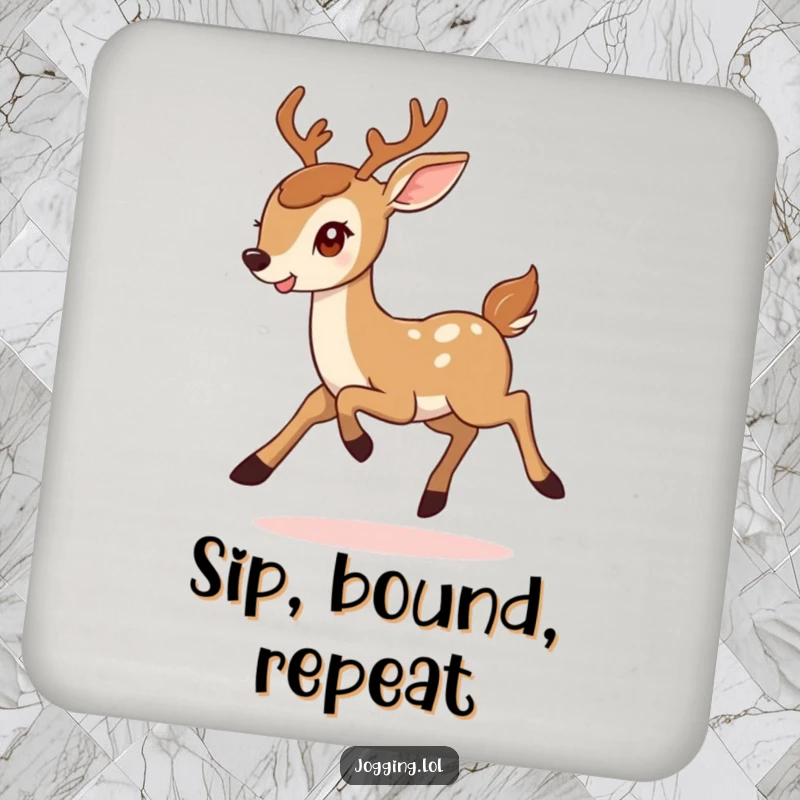 Funny drink coasters featuring a smiling deer energetically bounding, providing surface protection with a humorous and determinedly cheerful design.