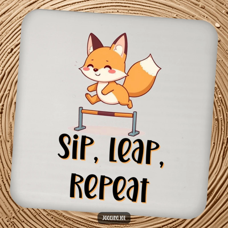 Funny fox drink coaster with a playful character leaping, adding a touch of whimsical charm and surface protection, a cute funny gift.