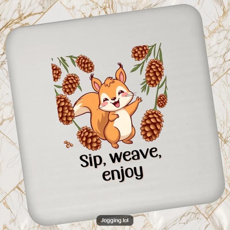 Funny squirrel coaster featuring a jovial character weaving playfully between cones, adding a humorous and protective element to tables, a cute gift.