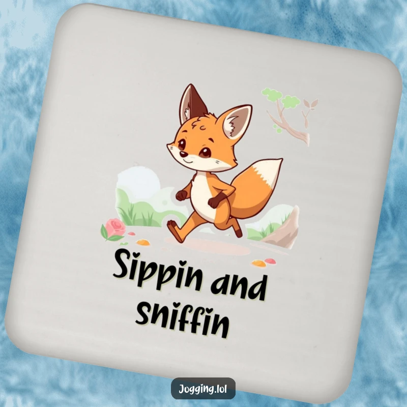 Funny drink coaster featuring a curious fox character jogging, protecting surfaces with humorous woodland art, perfect for a funny gift.