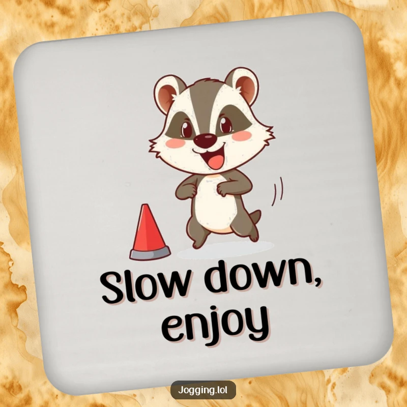 Funny drink coaster depicting a happy badger character comically starting a race, protecting surfaces with a humorous and charming animal design.