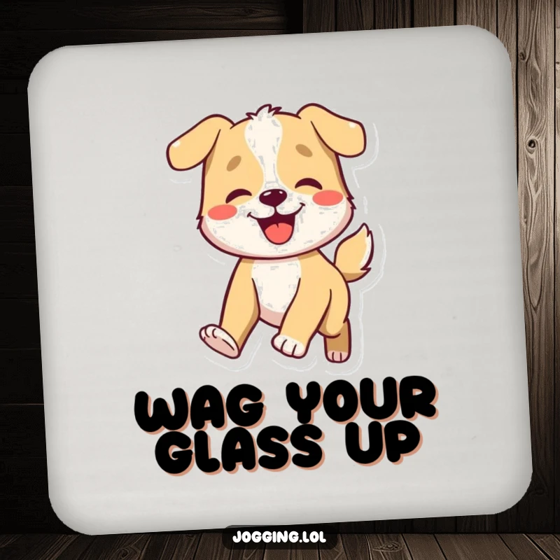Funny dog coaster set with a smiling character energetically wagging its tail, protecting furniture with adorable and humorous flair.