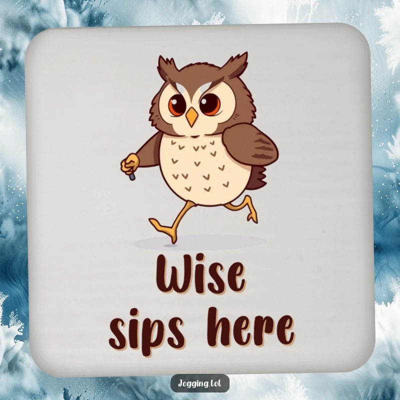 Funny owl drink coaster with a determined bird comically jogging using tiny jogging poles. Humorous surface protection.
