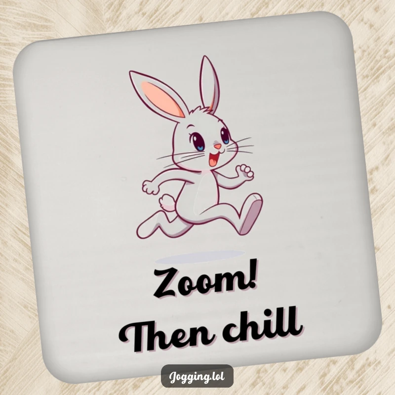 Funny bunny drink coaster featuring a determined character sprinting, providing a stable base for drinks with a humorous flair, a cool funny gift.
