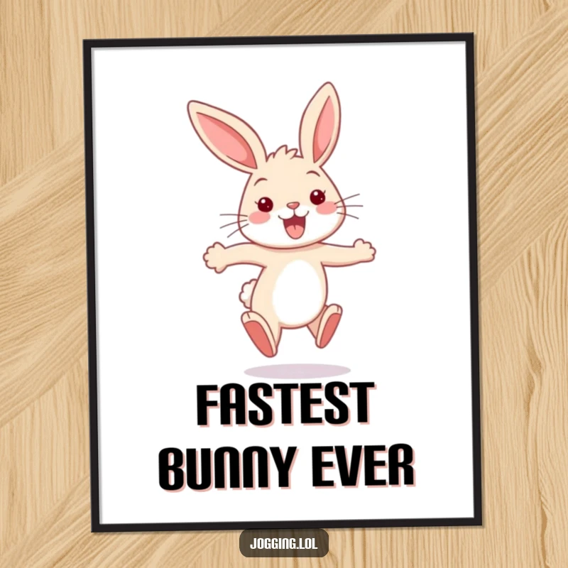 Funny bunny poster featuring a happy rabbit sprinting with ears flapping, radiating pure joy and humorous energy.