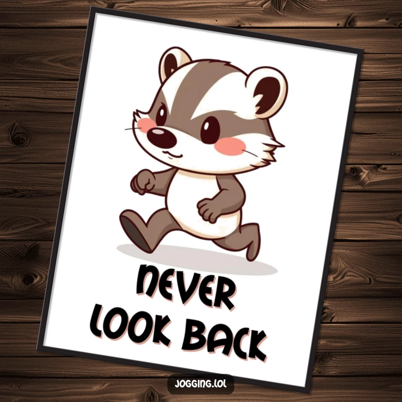 Funny poster print of a determined badger with puffed cheeks, heroically jogging uphill, symbolizing relentless effort.