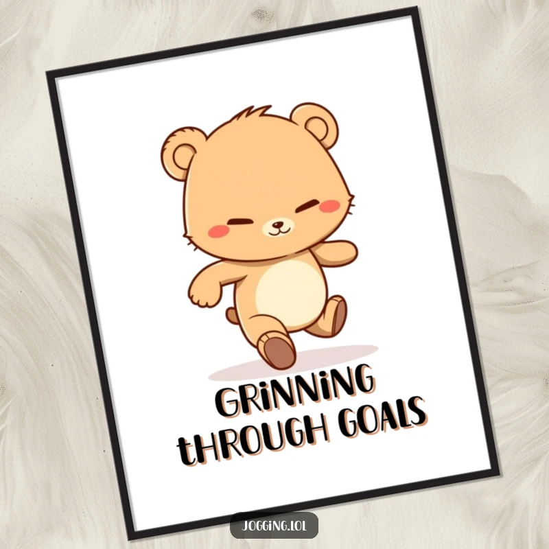 Funny poster of a determined bear cub character jogging with a persistent grin, symbolizing motivation and a cheerful approach to goals.