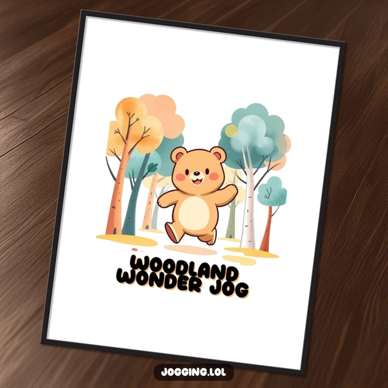 Funny poster art of a jubilant bear character jogging through abstract trees, radiating happiness and natural energy.