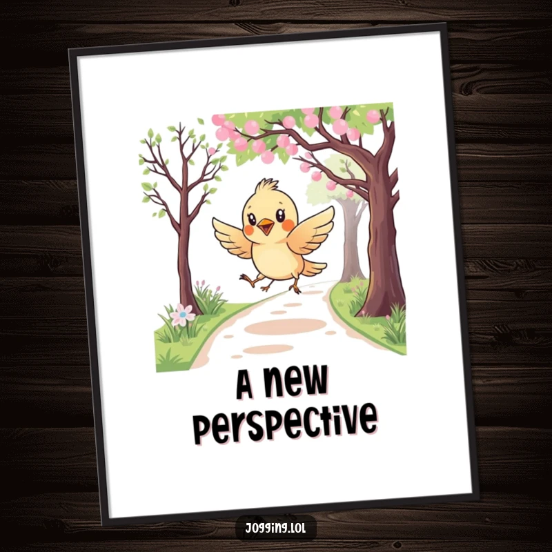 Funny poster depicting a curious bird character playfully swooping over a jogging path, celebrating the joy of flight and observation.